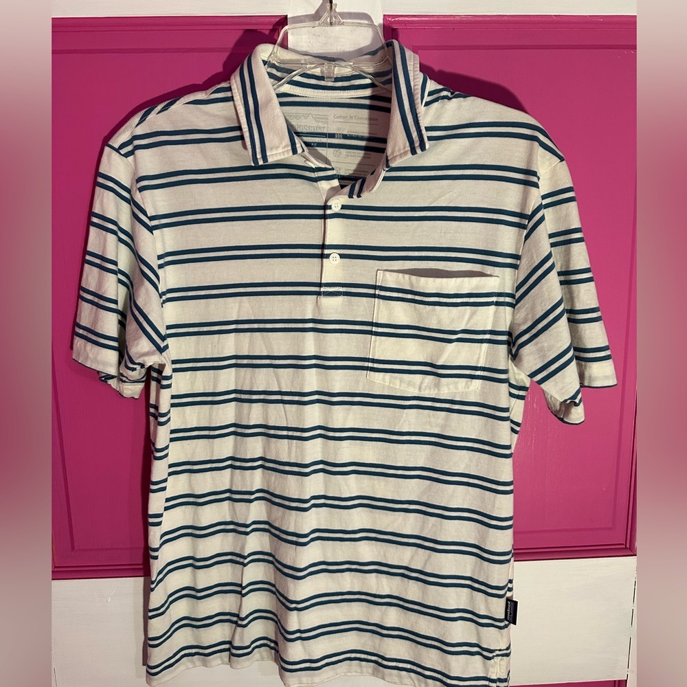 Patagonia white polo with blue stripes, NWOT